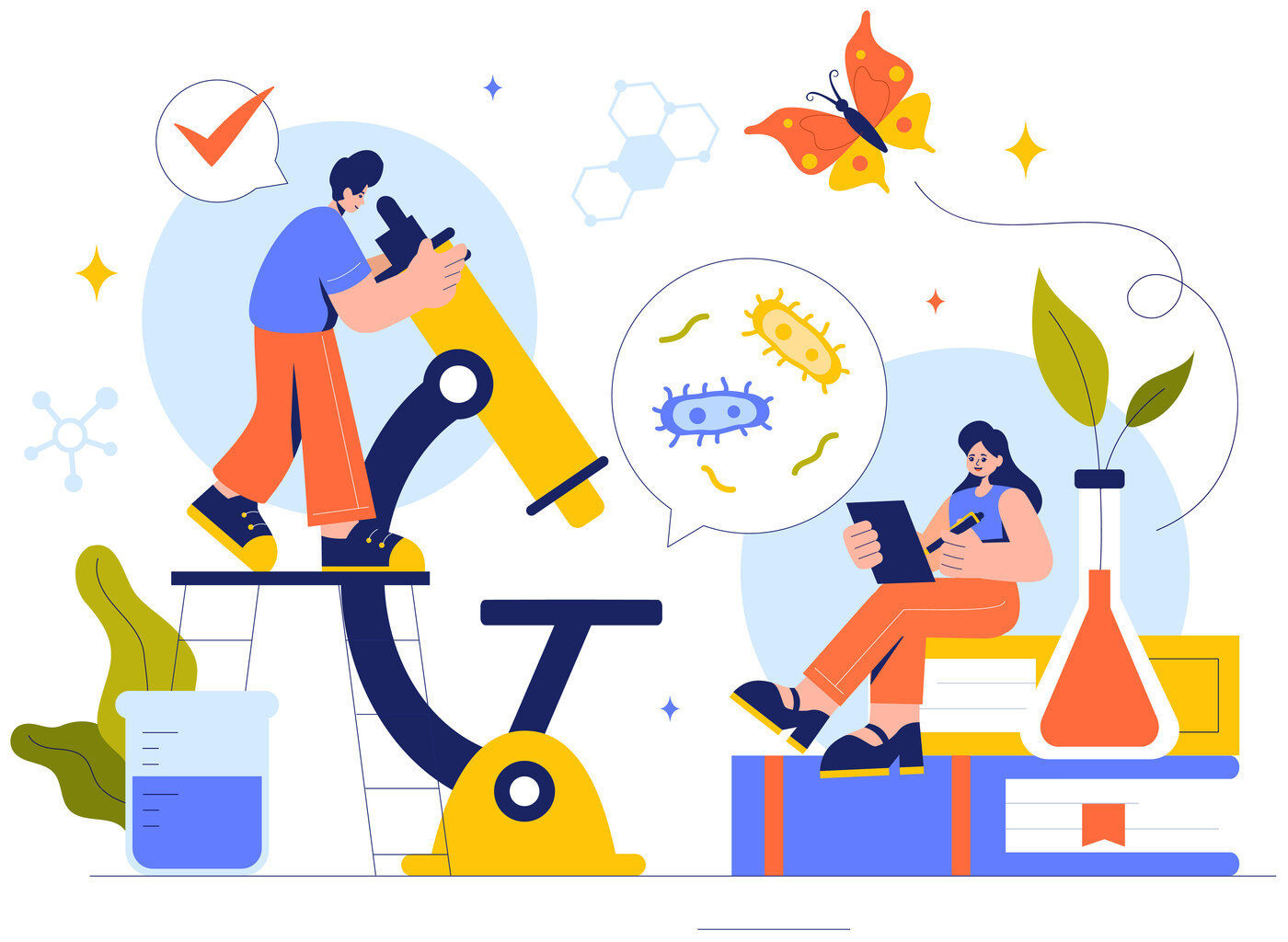 Illustration of a person looking through a large microscope while another reads on a stack of books