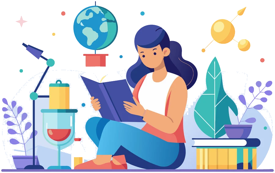 Illustration of a woman reading a book surrounded by science objects