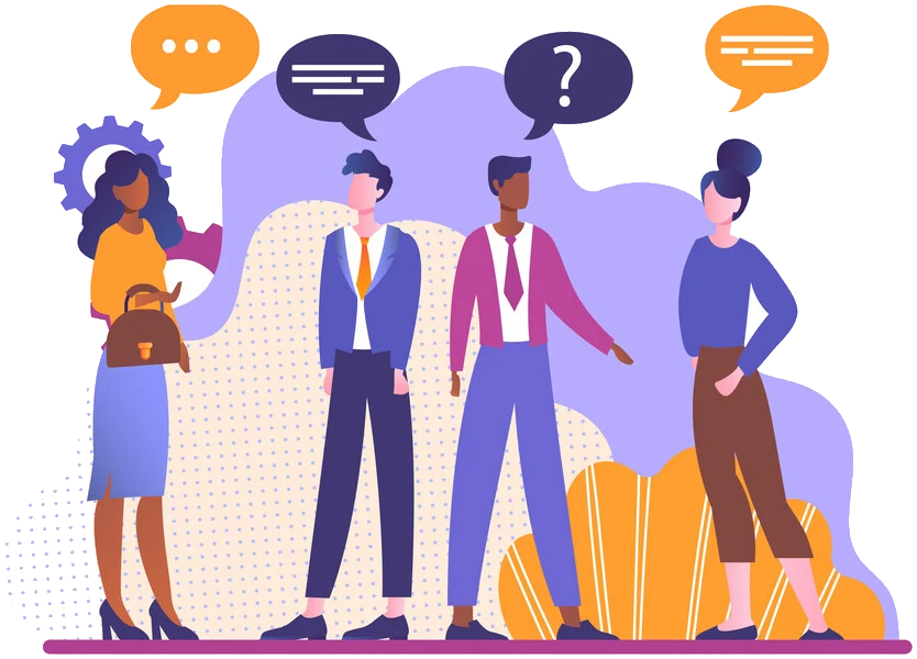 Illustration of a group of people talking, with speech bubbles above them