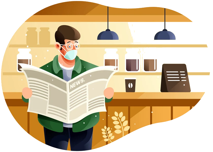 Illustration of a man reading a newspaper in a cafe