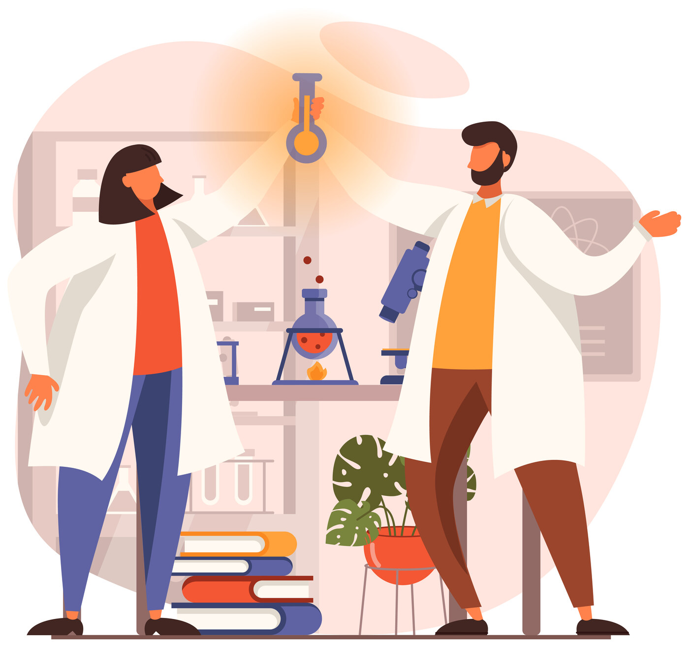 Illustration of two scientists talking in a lab