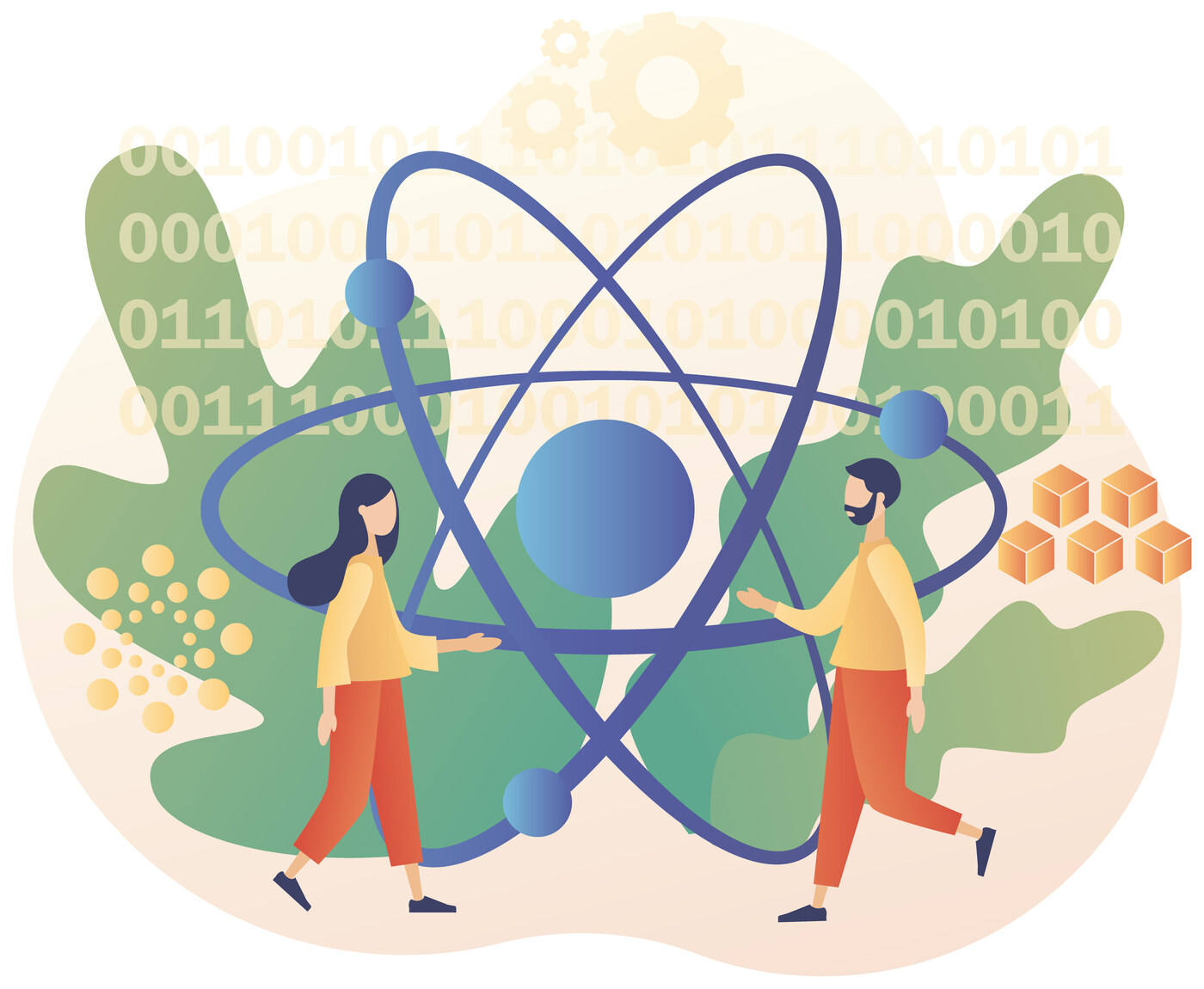 Illustration of two people walking toward each other around a large atom