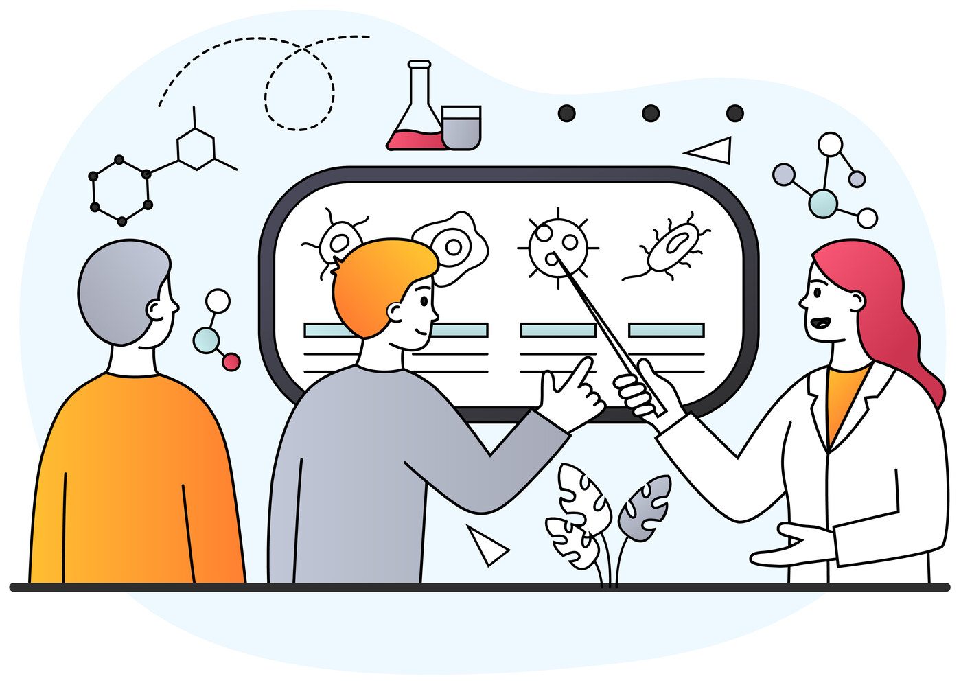 Illustration of a scientist explaining a diagram on a screen to two people