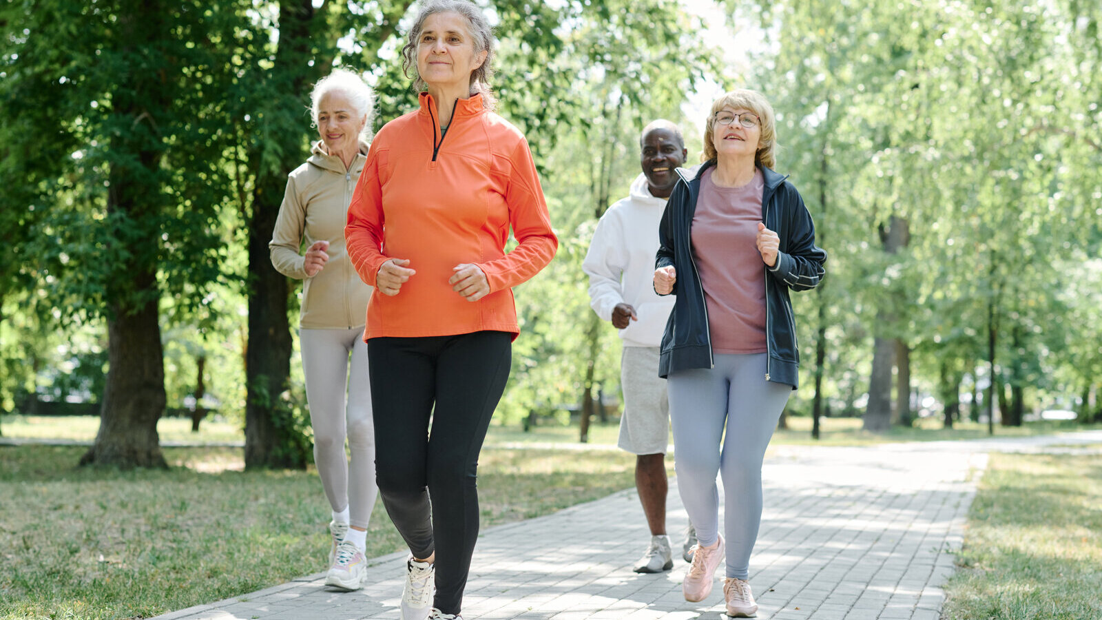 Group of older adults in sports clothes walking briskly along a park path