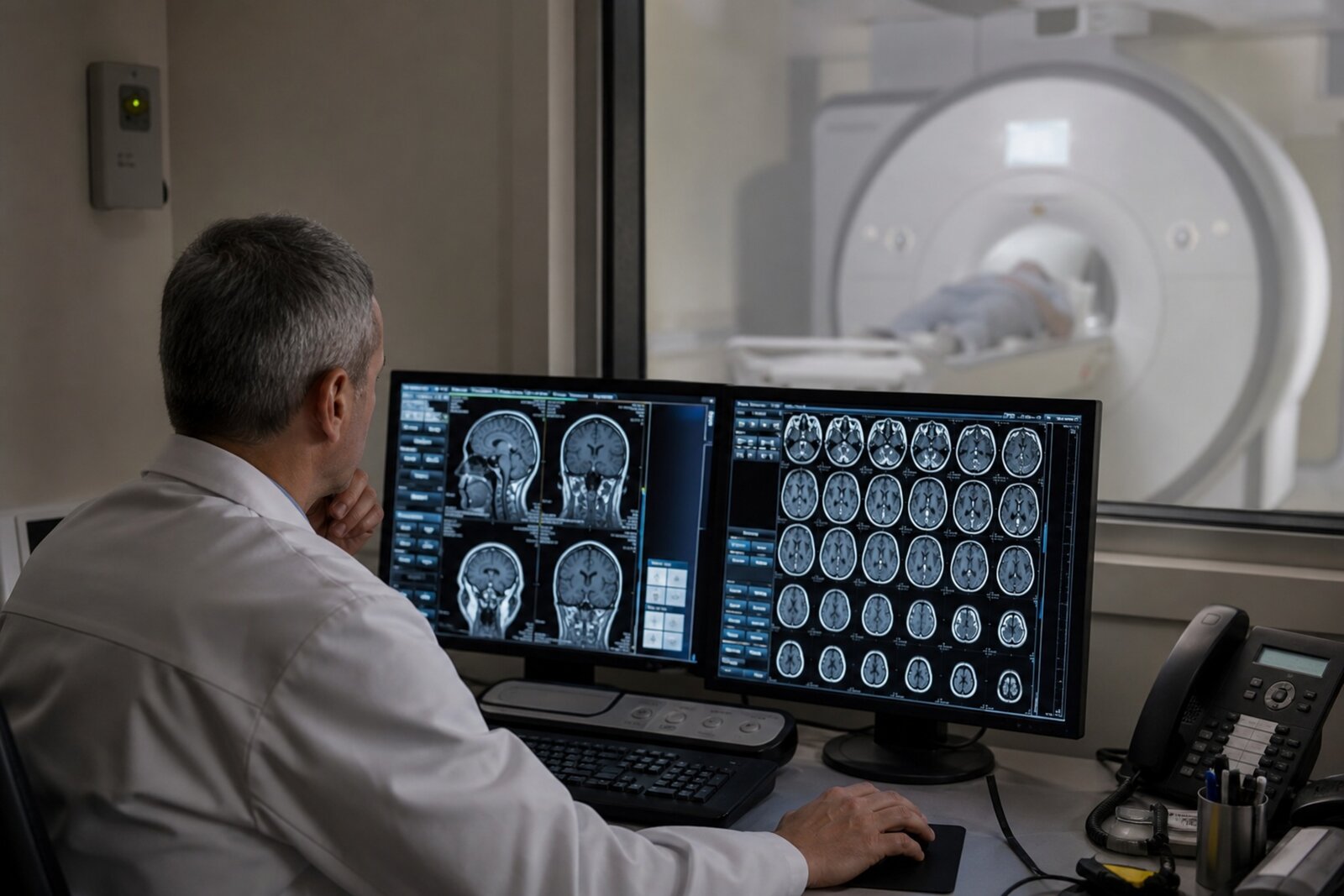 Radiologist reviewing brain MRI slices on two monitors in an imaging control room