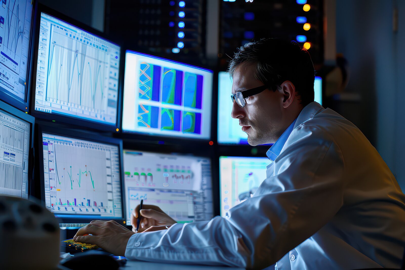 Researcher studying data plots across several computer monitors in a dark lab
