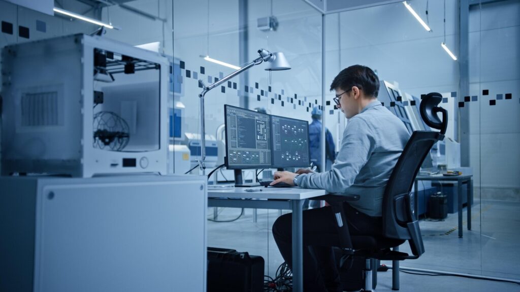 Researcher working at several computer monitors in a modern laboratory