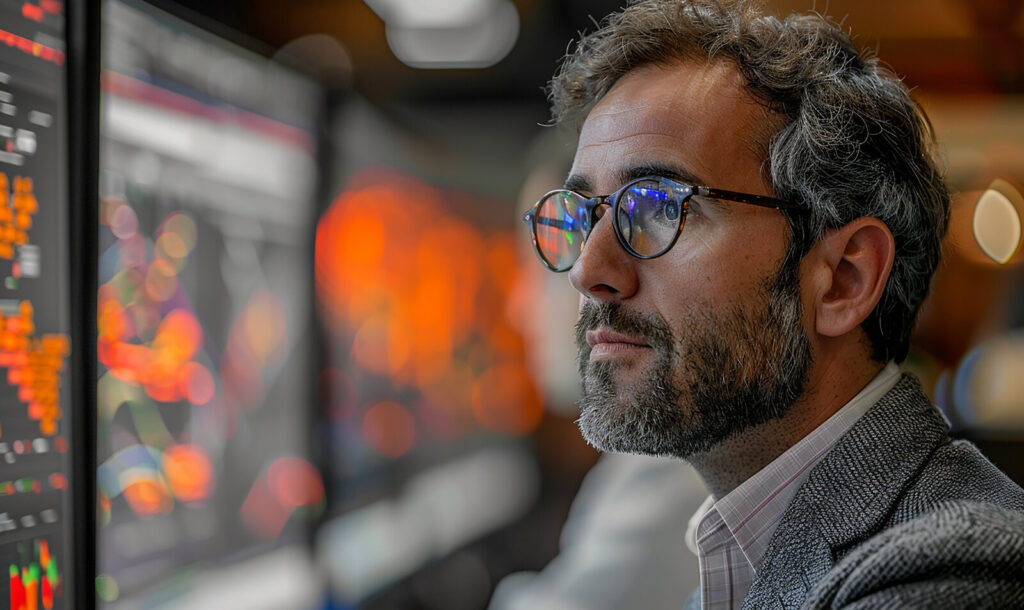 Researcher with glasses studying data visualizations on screens