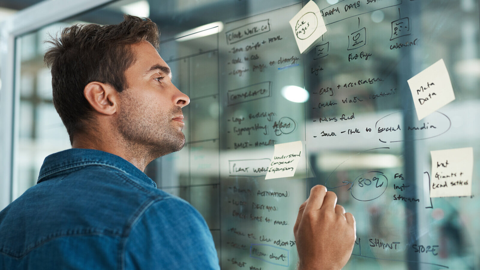 Researcher studying handwritten notes on a glass wall