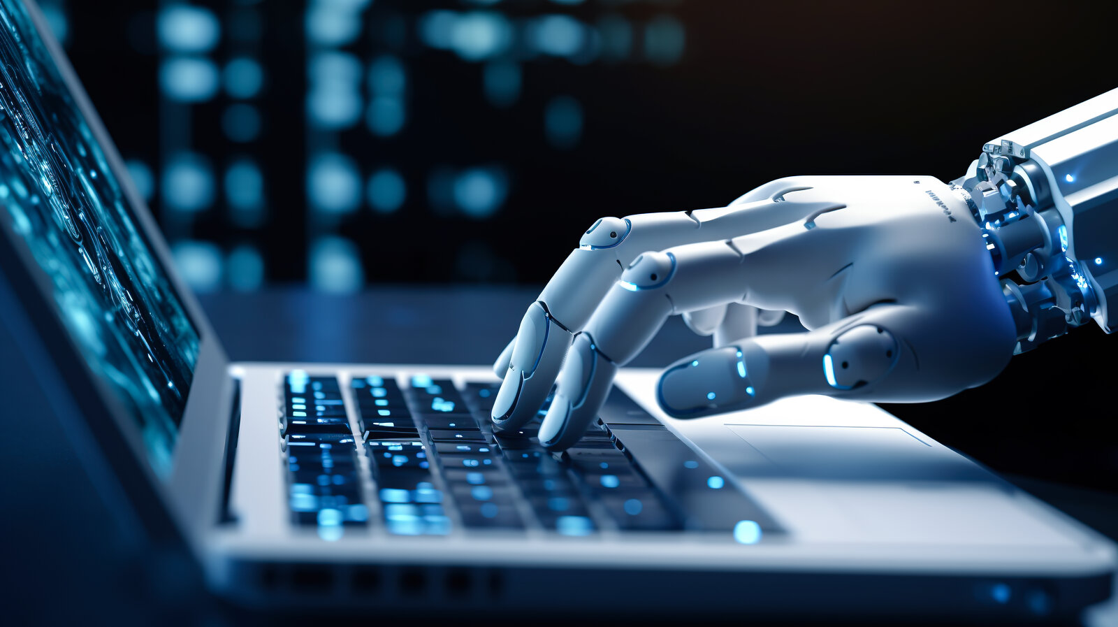 Robotic hand typing on a laptop keyboard in blue light
