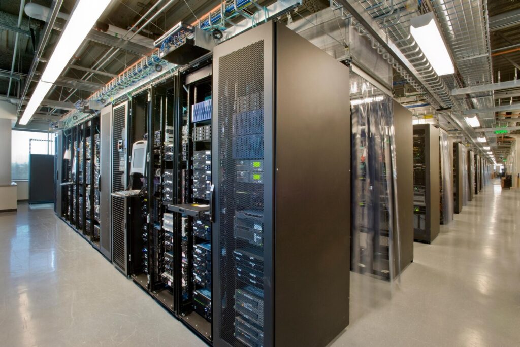 Long row of computer server racks in a data center