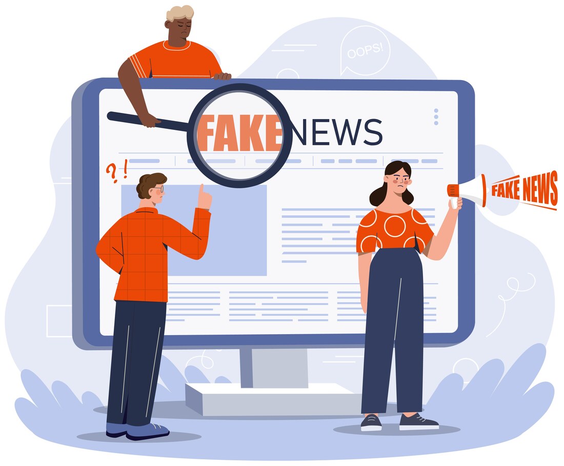 Illustration of two people inspecting a fake news headline on a large screen with a magnifying glass