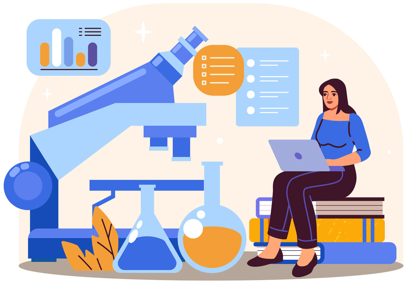 Illustration of a researcher working on a laptop beside a microscope and lab flasks
