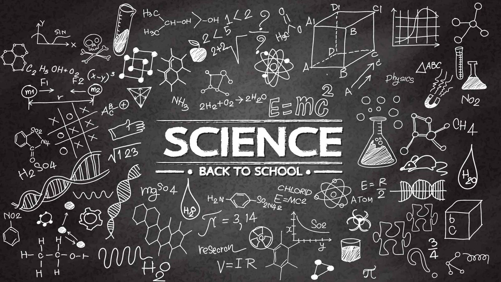 Chalkboard covered with hand-drawn science symbols, formulas and molecules around the word Science