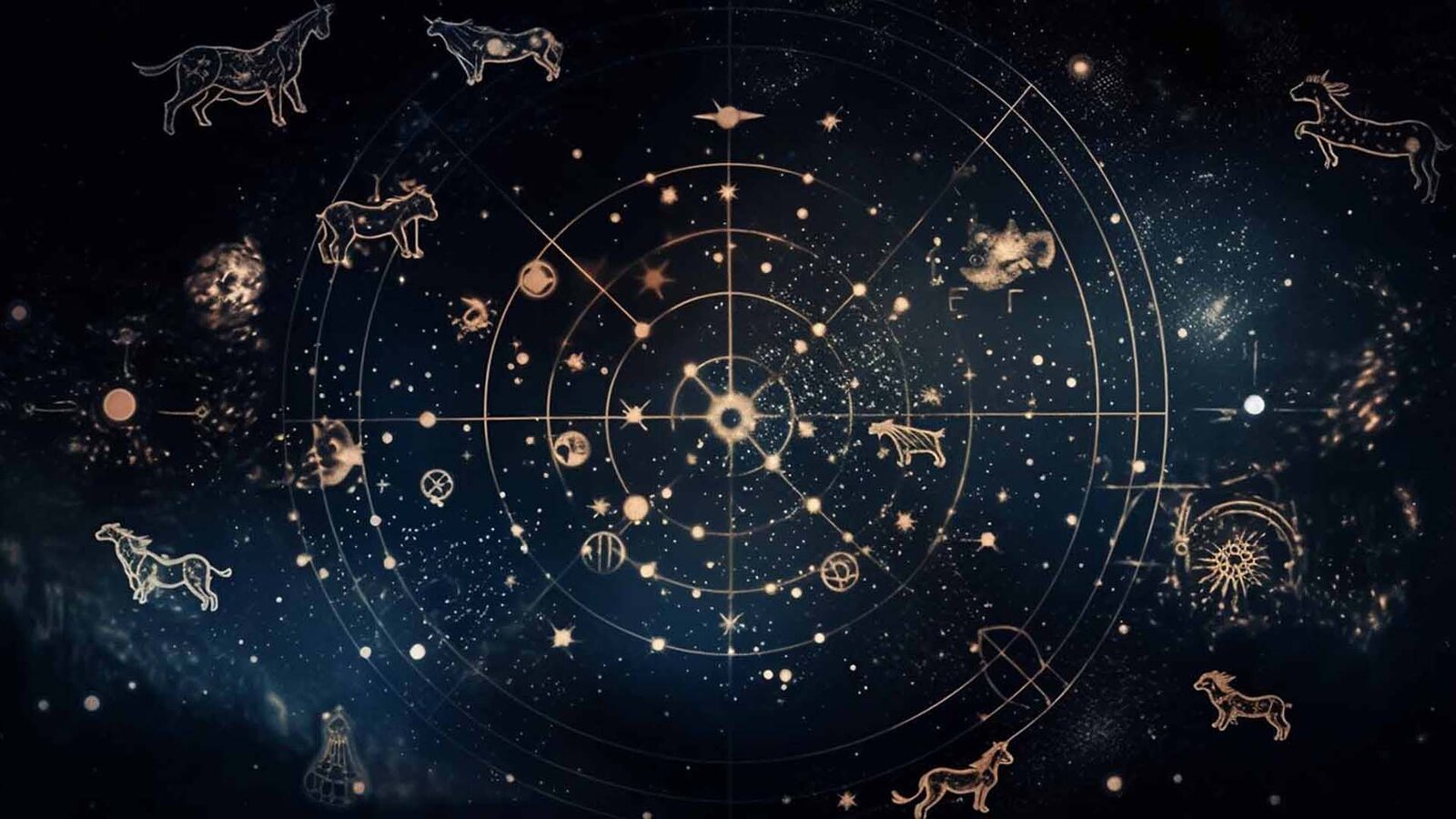 Drawings of zodiac animals around a circular star chart on a dark night sky